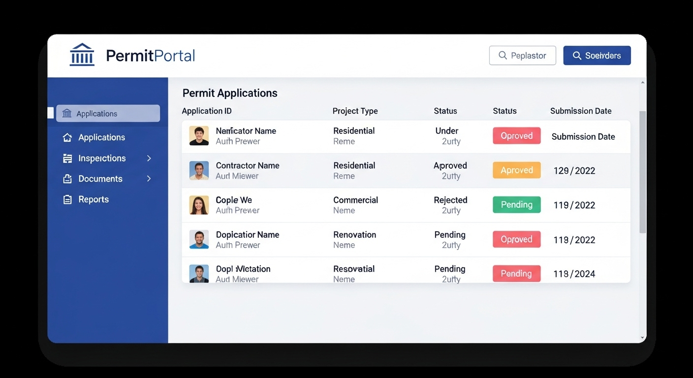 Government permit dashboard showing applications list and review interface