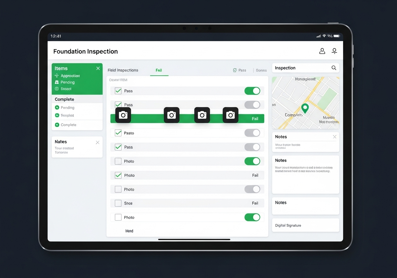 Inspector tablet interface showing inspection checklist and photo upload